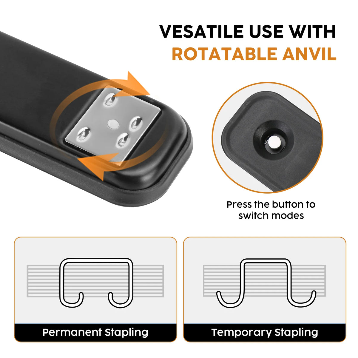 A black heavy-duty metal stapler with a rotatable anvil and options for permanent or temporary stapling.