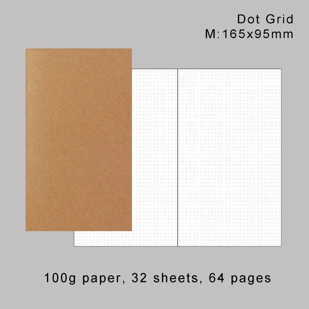 A stack of 100g paper inserts, measuring 165x95mm, showing a brown cover and white grid pages.