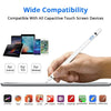 A white stylus pen is shown being used on a tablet, with various capacitive touch screen devices displayed in the background.