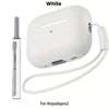 White liquid silicone case for AirPods Pro 2 with a cleaning pen and lanyard