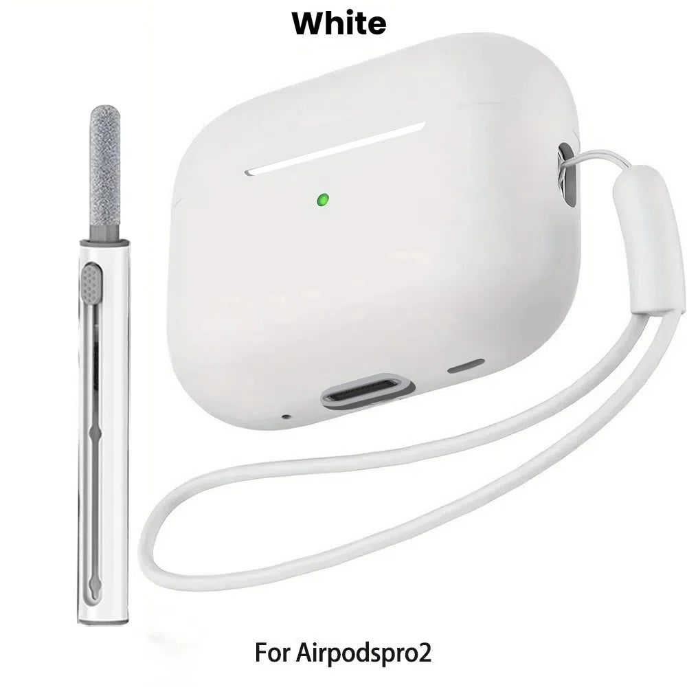 White liquid silicone case for AirPods Pro 2 with a cleaning pen and lanyard