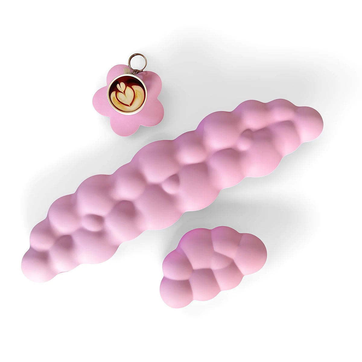 Support de poignet clavier en nuage rose, avec une pièce allongée et un repose-poignet en forme de fleur avec détail de tasse