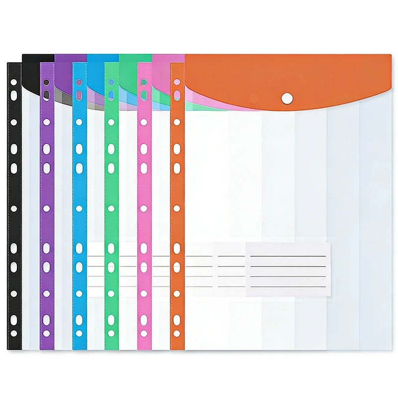 A pack of six colorful A4 plastic expanding file envelopes with snap buttons.