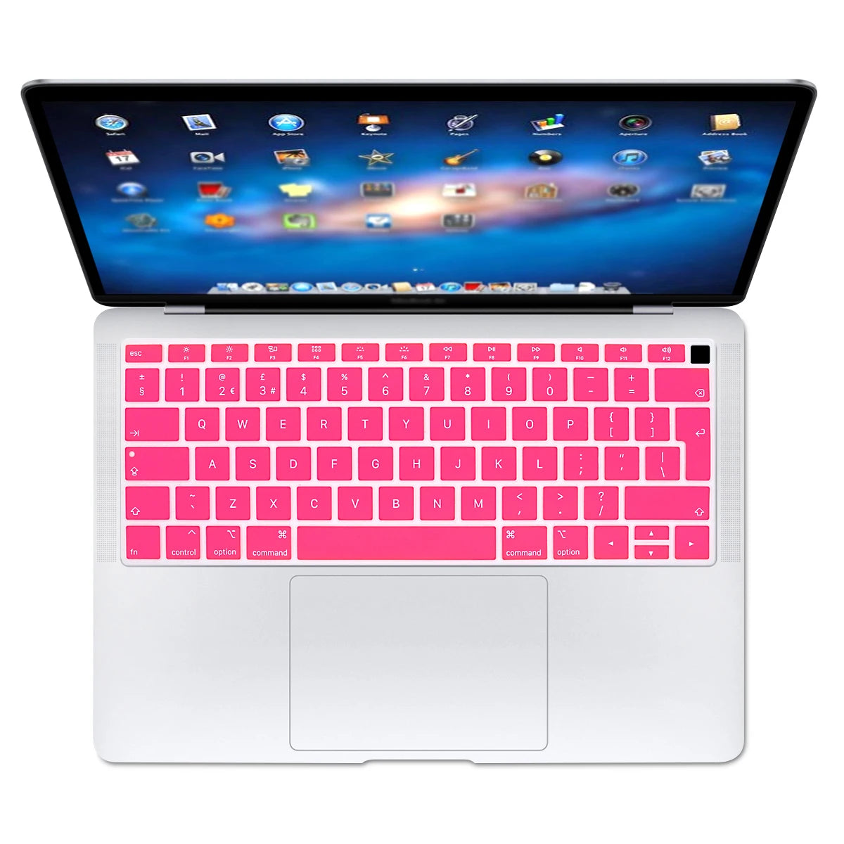 A white silicone keyboard cover for a MacBook, showing the laptop with its screen open.