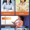 A collage showing various uses of a portable bladeless neck fan including office work, home life, travel agency, sports and f