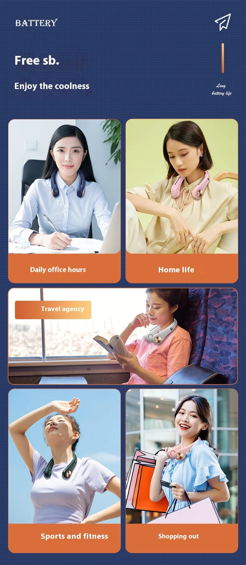 A collage showing various uses of a portable bladeless neck fan including office work, home life, travel agency, sports and f