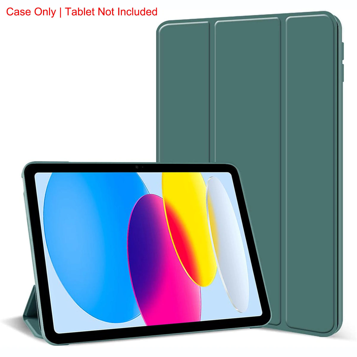 A green magnetic tri-fold stand cover for an iPad, shown alongside the tablet.