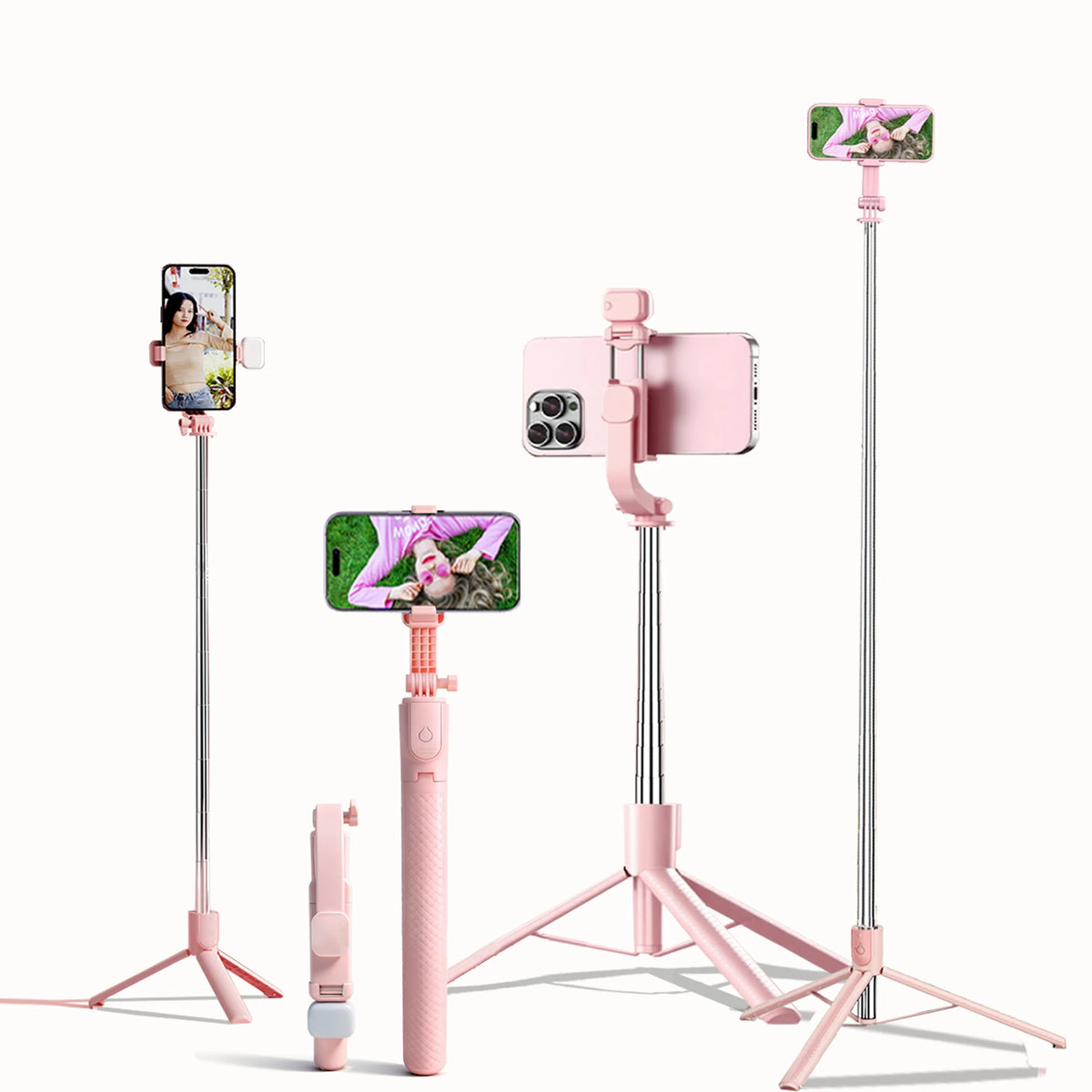 Pique selfie extensible rose avec smartphone et télécommande Bluetooth.