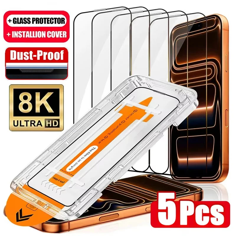 Packung von fünf 8K Ultra HD gehärteten Glasbildschirmschutzfolien für iPhone mit Installationsabdeckung und staubdichtem Sch