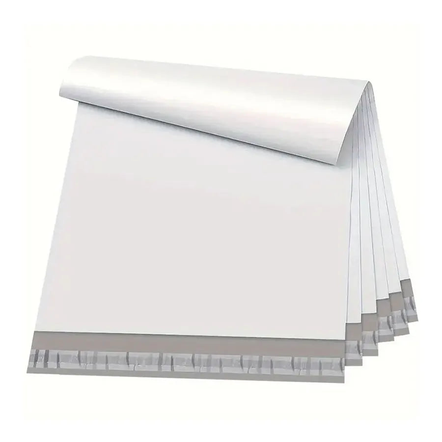 A stack of white reusable self-sealing packaging bags for gifts and shipping.