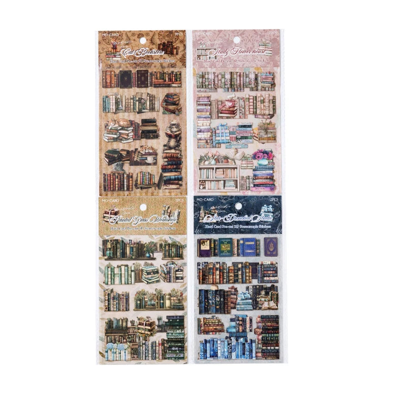 A collection of retro 3D relief book gallery stickers for scrapbooking featuring various book designs and textures.