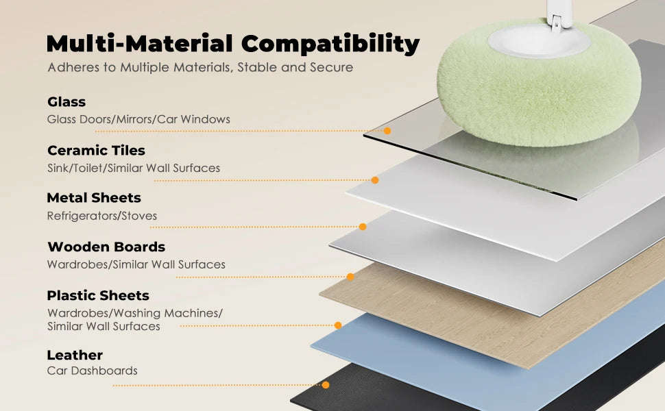 A multi-material compatible magnetic pillow stand demonstrating adhesion to various surfaces like glass, ceramic tiles, metal