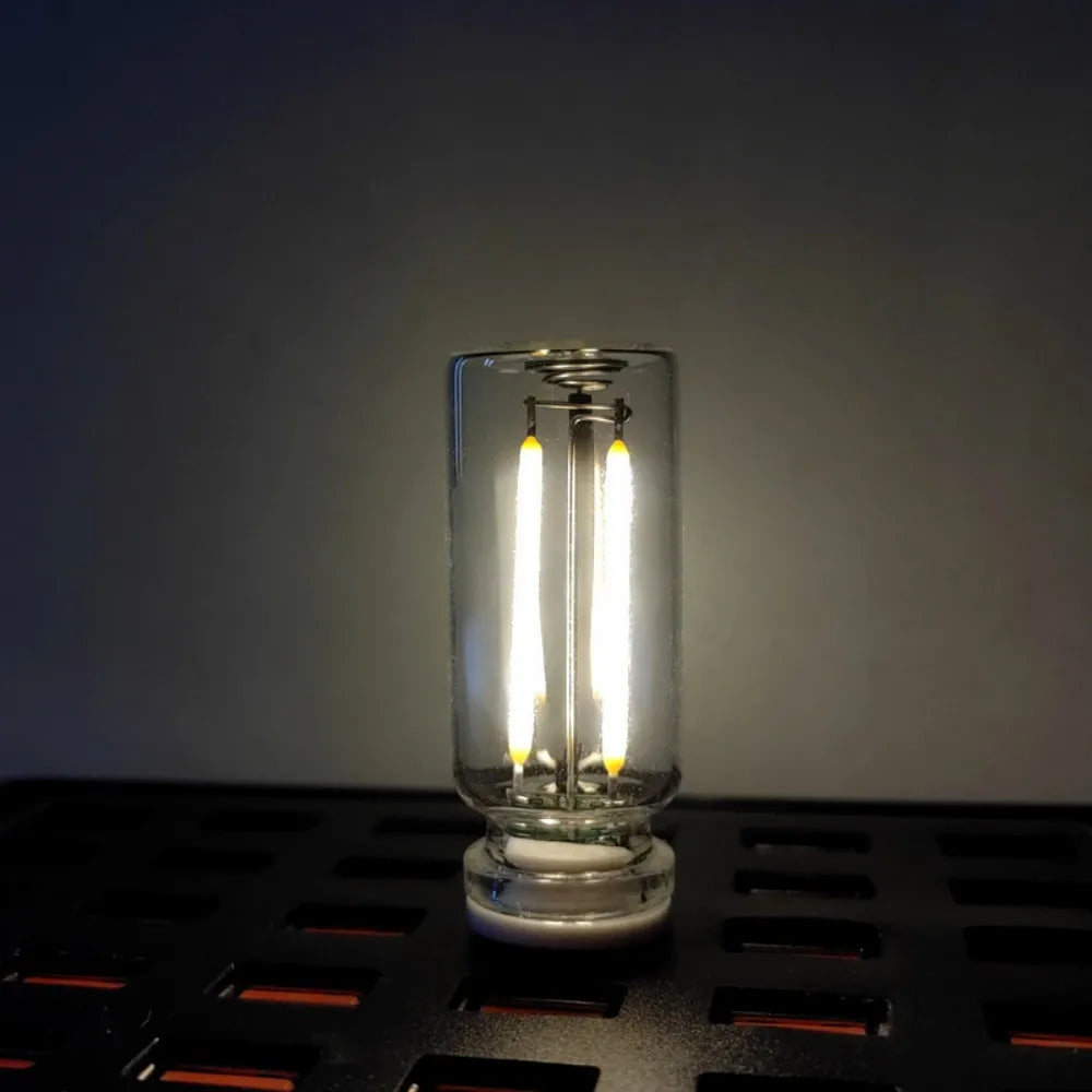 A clear glass Edison style light bulb with a filament and a touch dimming feature sits on a dark surface.