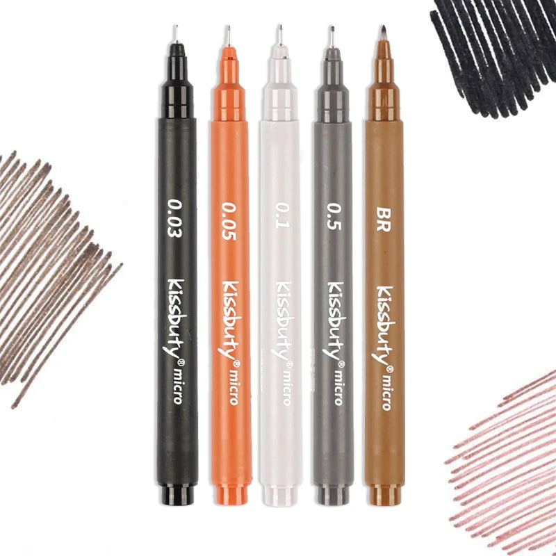 A set of micro-pen fineliner pens in various colors including black, orange, and brown.