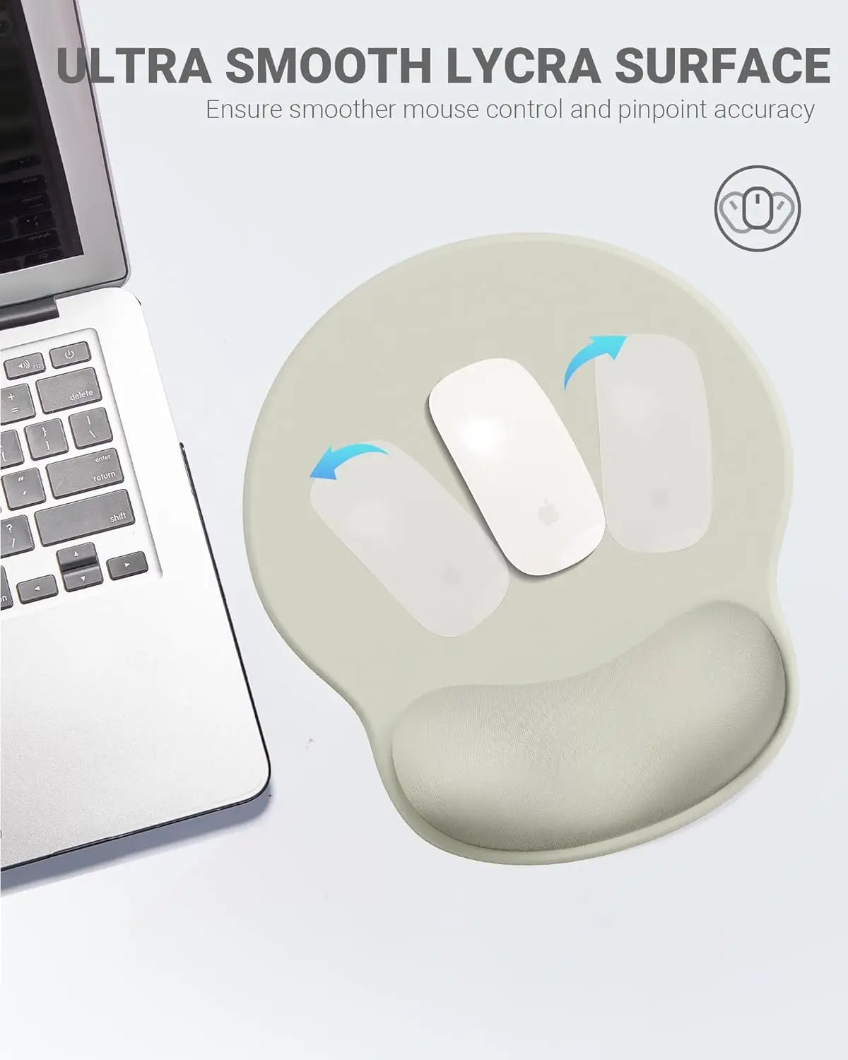 A light beige ergonomic wrist support mouse pad is shown next to a laptop, highlighting an ultra smooth Lycra surface for imp