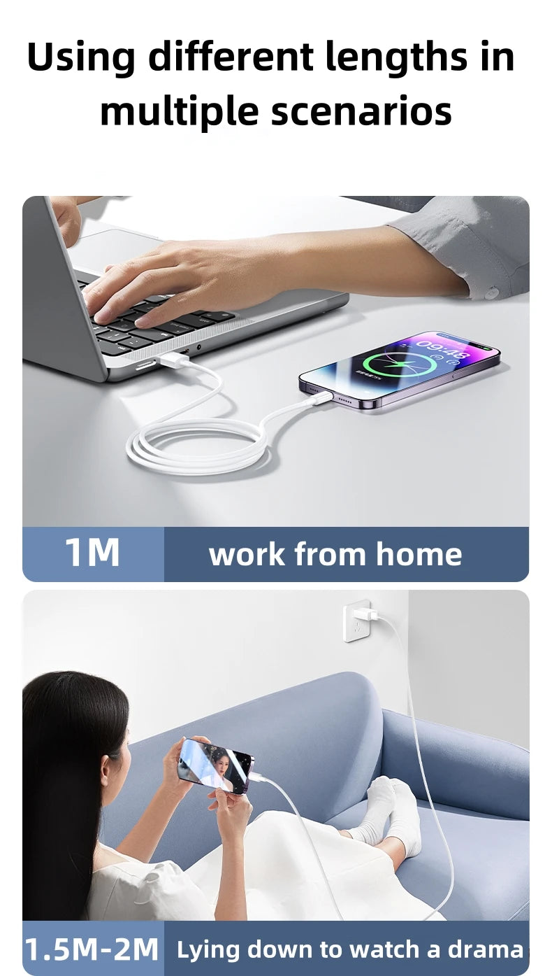 Demonstration of using different lengths of a 35W USB-C fast charger and cable for various scenarios like working from home o