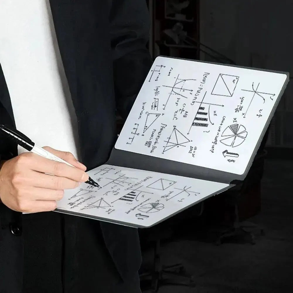 A person holds an open reusable dry erase whiteboard set with a planner, showing various diagrams and notes.