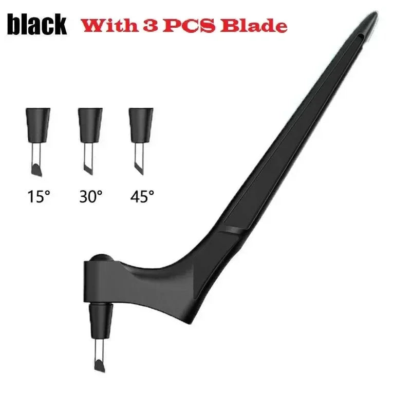 Black art cutting tool set with three interchangeable blades at 15, 30, and 45 degrees