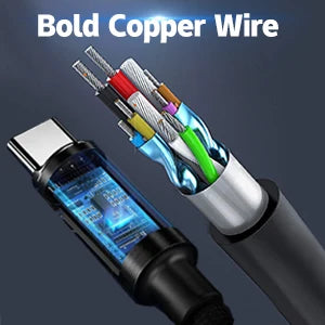 A close-up of bold copper wire connectors and a USB-C laptop charger cable.