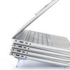 A silver portable aluminum alloy laptop stand with adjustable angles shown in a side view.