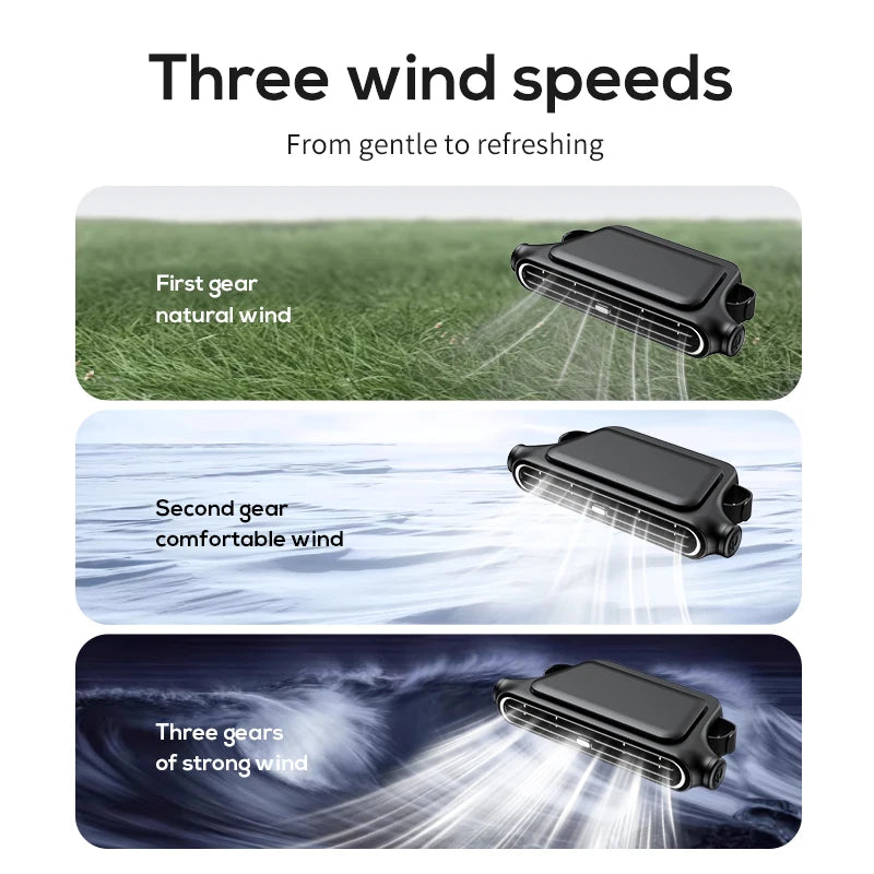 A portable USB rechargeable car cooling fan demonstrating three wind speeds from gentle to strong.