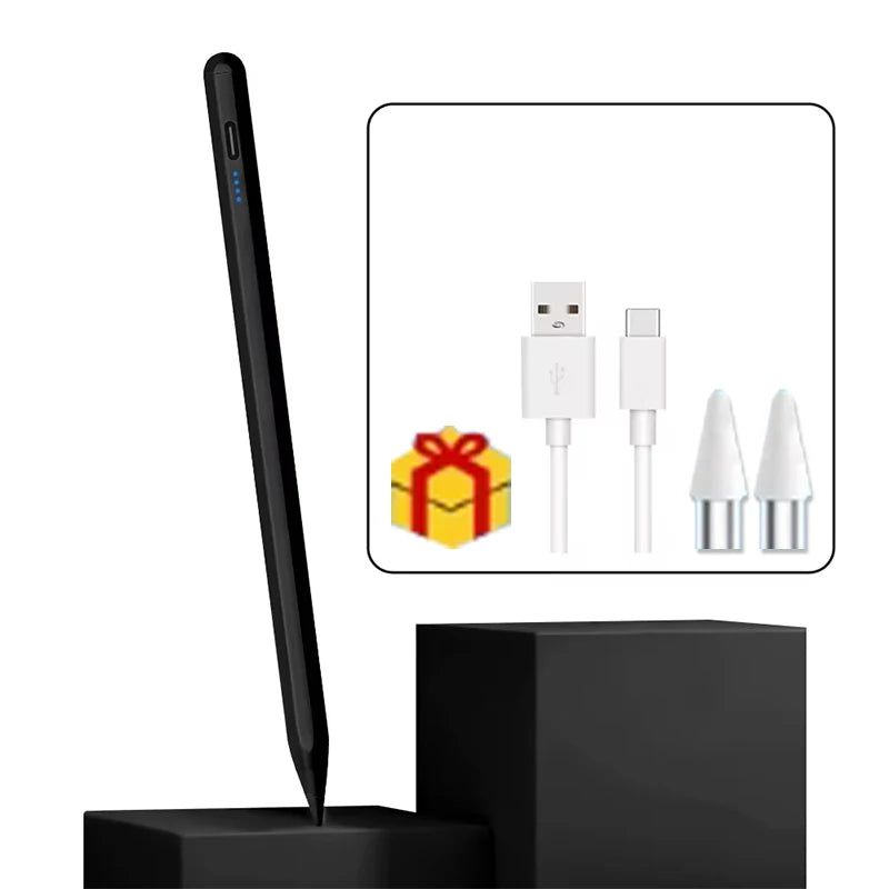 Schwarze kapazitive Stylus-Stift neben einer Box mit USB-Ladekabeln und Spitzen