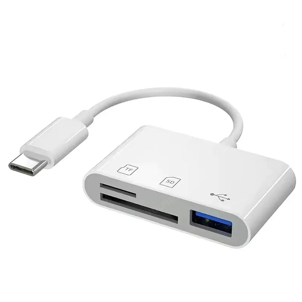 White adapter for converting Type-C to SD and TF memory cards.