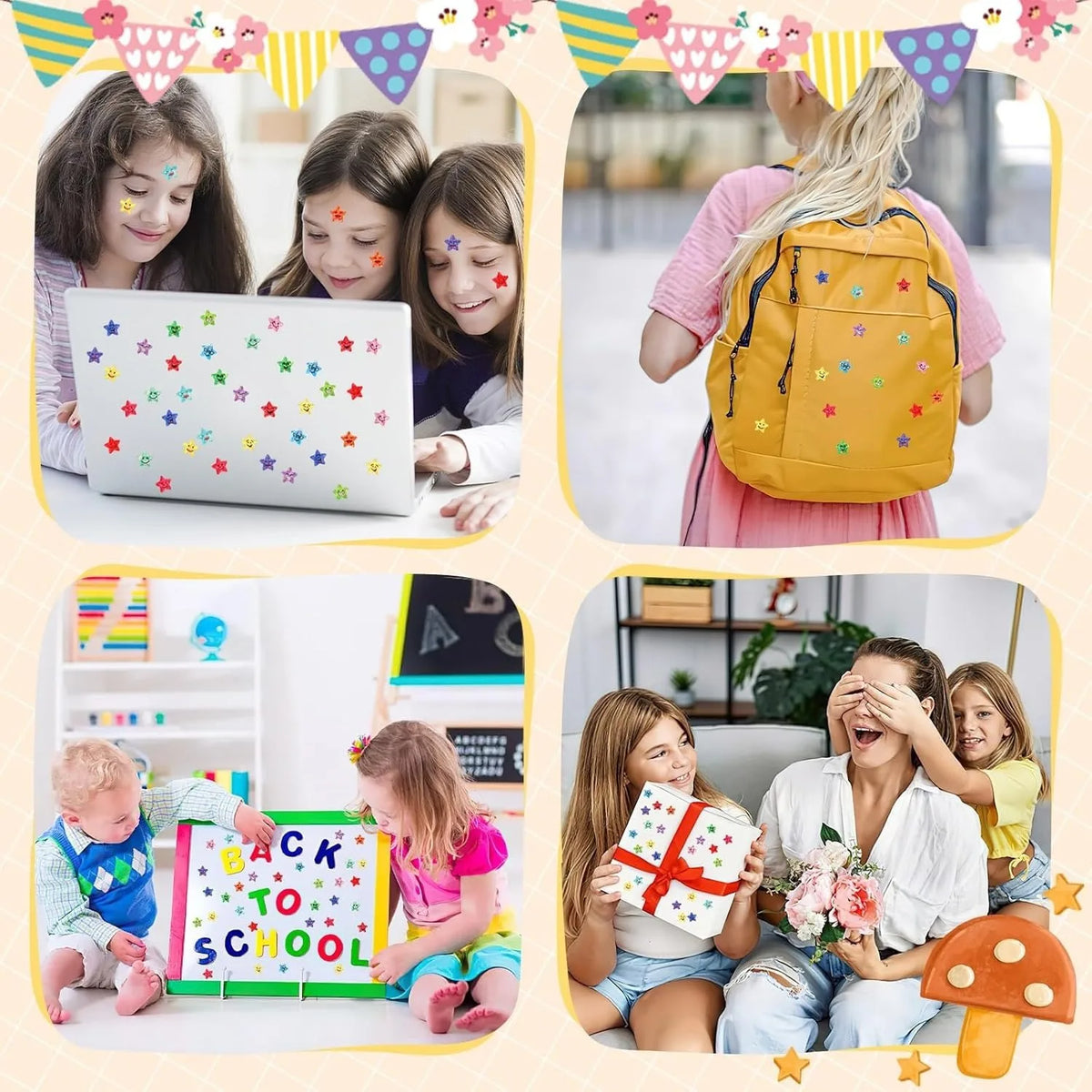 A collection of glitter foil star stickers for crafts and rewards used by children.