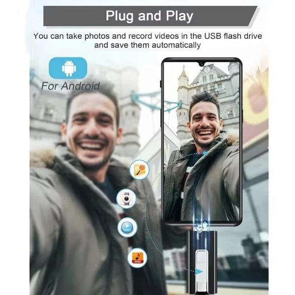 A close-up of a plug and play device used to take photos and record videos on an Android phone.