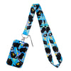 A blue and black cartoon cat card holder lanyard with a neck strap featuring repeating cat designs.