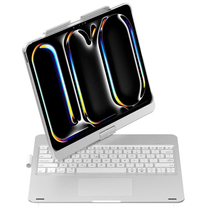A white keyboard case with a black iPad Pro or Air inside, showing the rotating trackpad feature.