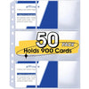 A pack of 50 card sleeve pages holds 900 cards for baseball cards or other cards.