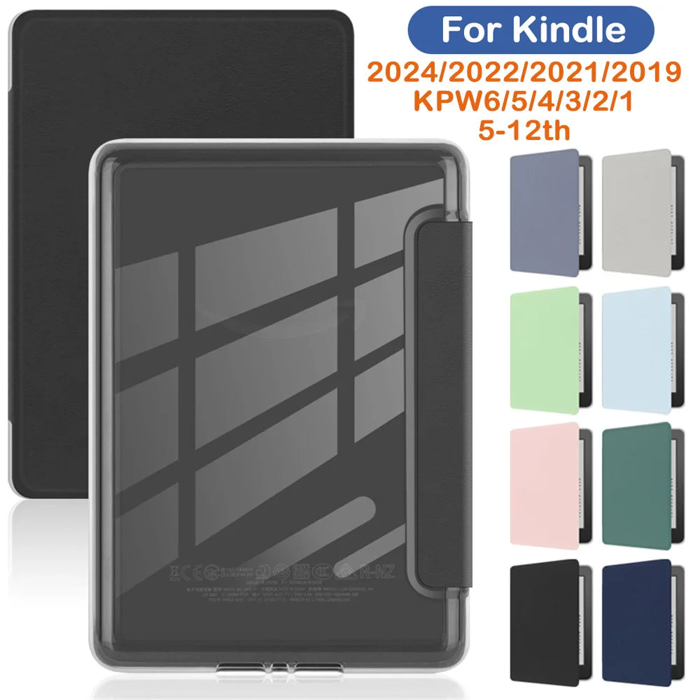 A clear acrylic protective case for a Kindle Paperwhite device shown alongside various colored covers.