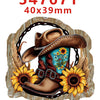 A brown leather cowboy hat is featured on a rustic wooden background with floral accents.