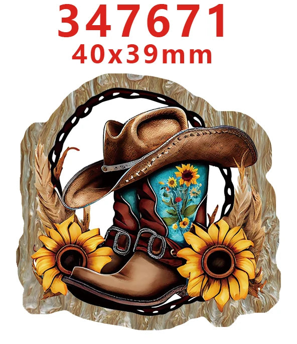 A brown leather cowboy hat is featured on a rustic wooden background with floral accents.