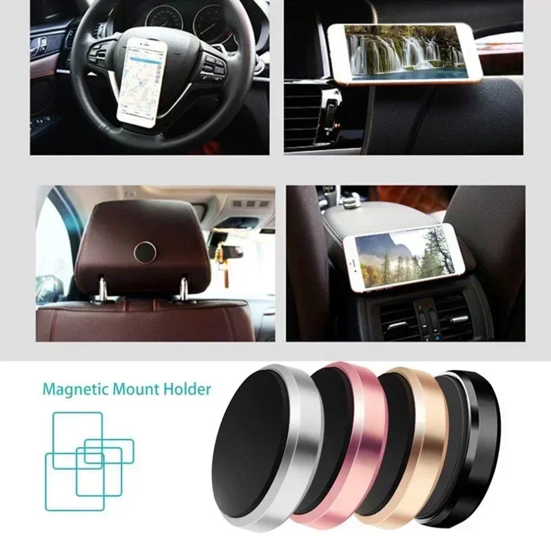 A set of magnetic mount holders for smartphones shown next to a car interior dashboard.