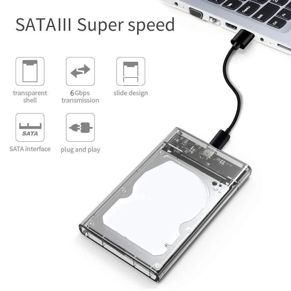 A SATAIII Super speed external hard drive enclosure with a transparent shell and cable connected to a laptop.