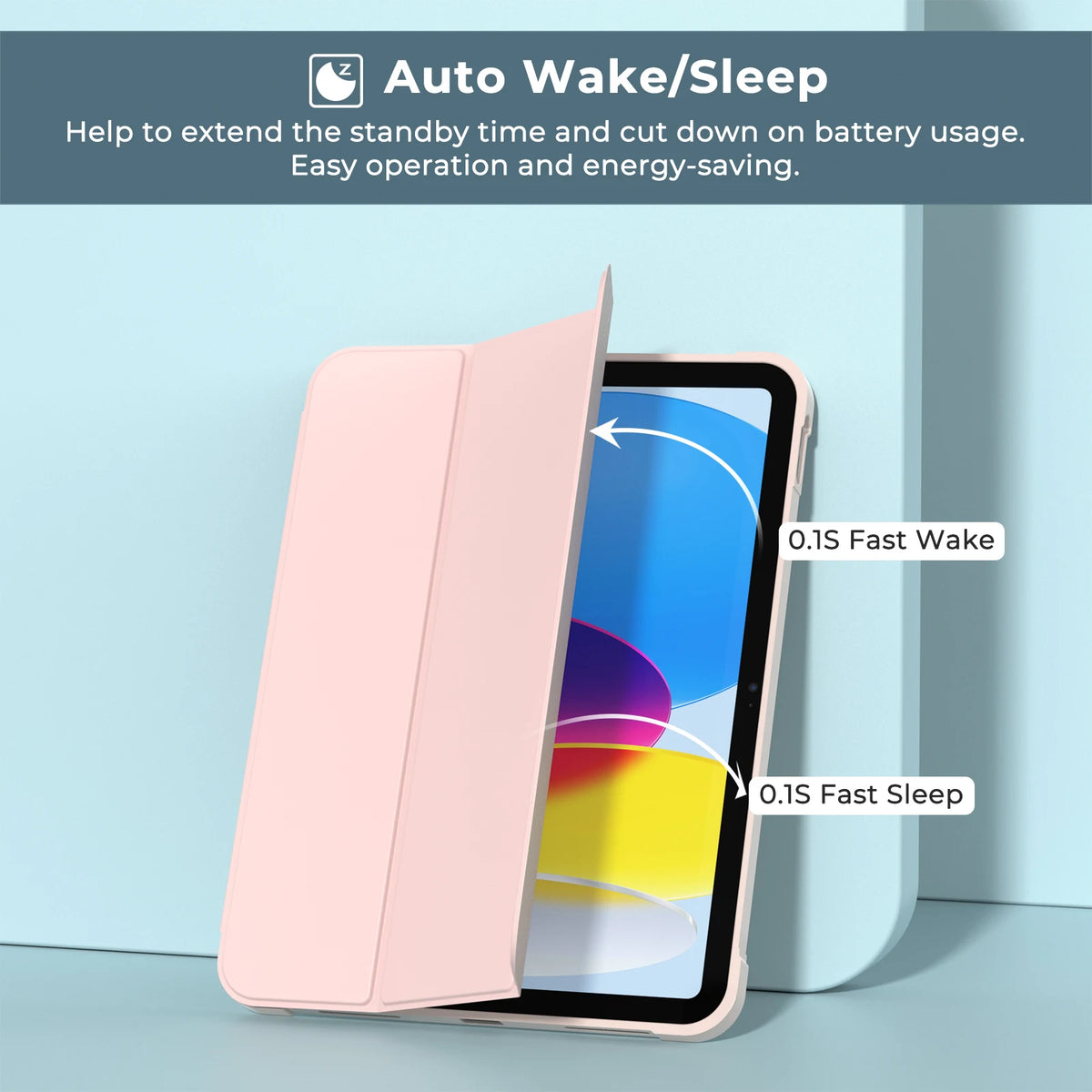 A pink protective case is shown open, demonstrating auto wake/sleep features on an iPad.