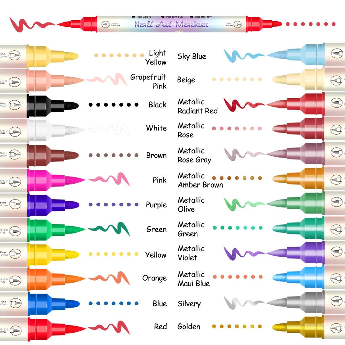 A collection of various colored nail art graffiti dotting pens in different tips and colors.