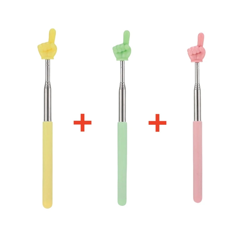 Three stainless steel telescopic teaching pointers in yellow, green, and pink.