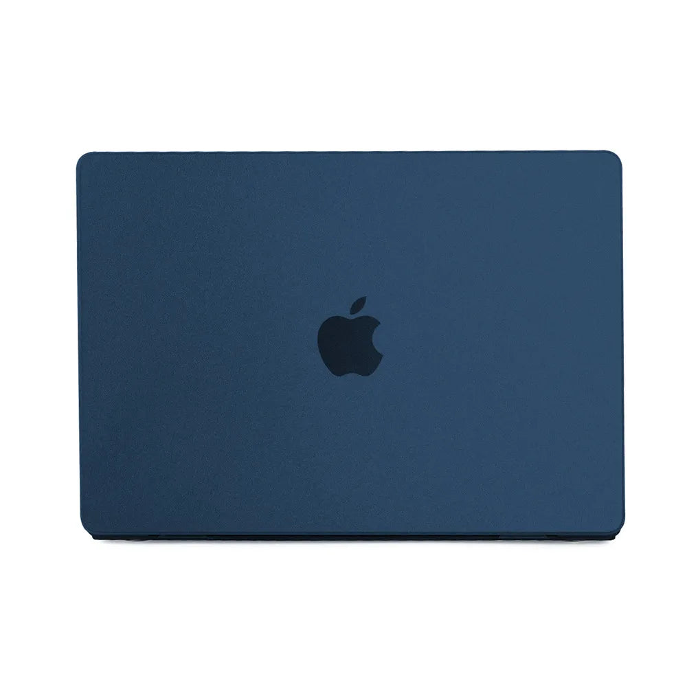 A dark blue laptop case for a MacBook Pro or Air, featuring the Apple logo.
