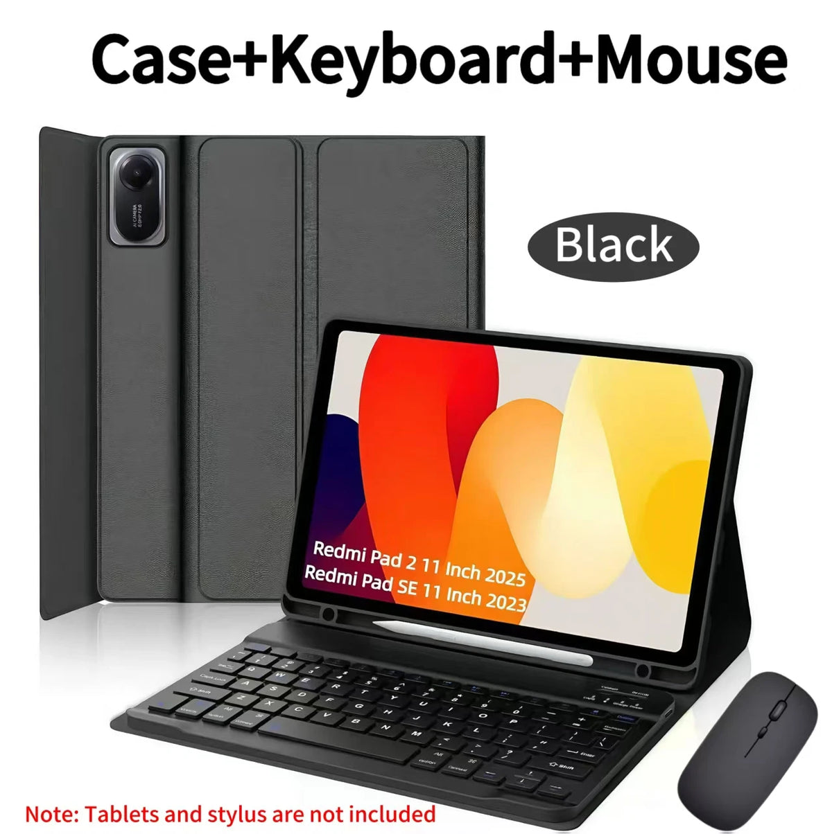 Black case, keyboard, and mouse for a tablet setup.