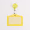 Yellow PU leather retractable ID card holder with a clear plastic badge case and keyring.