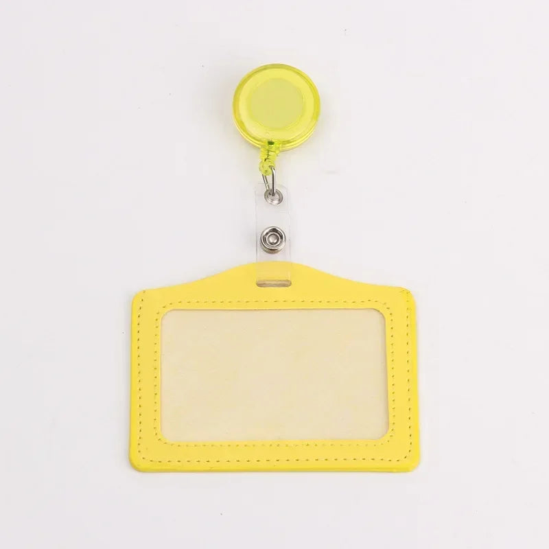 Yellow PU leather retractable ID card holder with a clear plastic badge case and keyring.