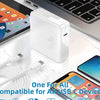 محول طاقة عالمي USB-C أبيض بجوار أجهزة إلكترونية مثل هاتف وحاسوب وساعة.