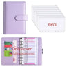 A purple A6 budget planner with a leather cover and envelope system shown alongside multiple blank covers.