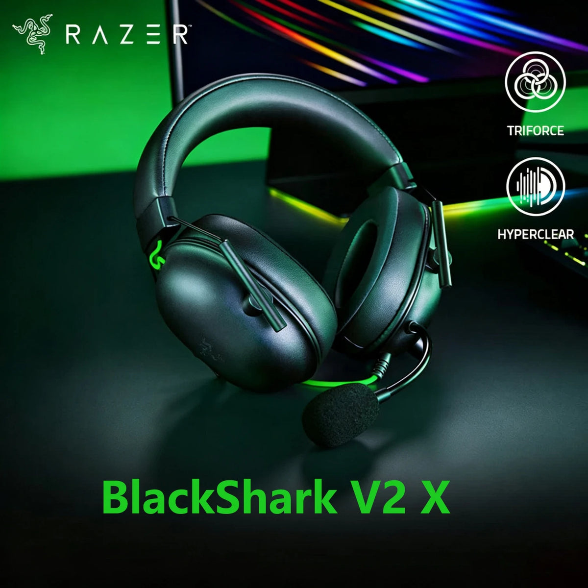 A black Razer BlackShark V2 X gaming headset is shown against a dark background with glowing RGB accents.
