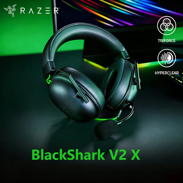 A black Razer BlackShark V2 X gaming headset is shown against a dark background with glowing RGB accents.