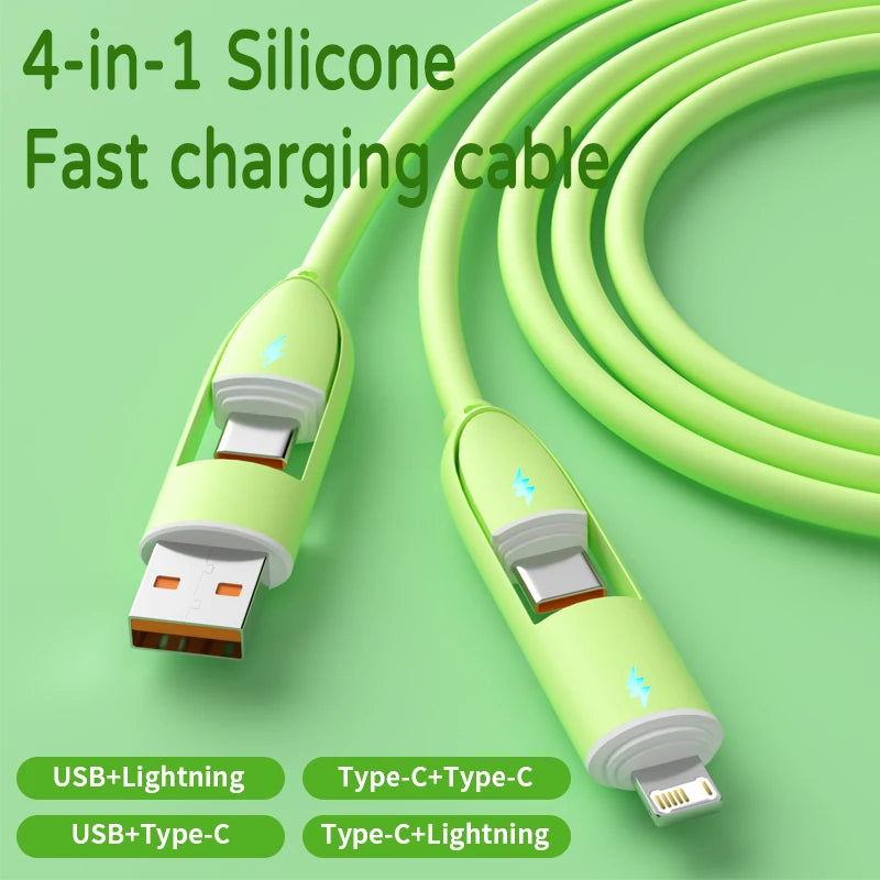 A green 4-in-1 silicone fast charging cable showing various USB and Lightning connectors.