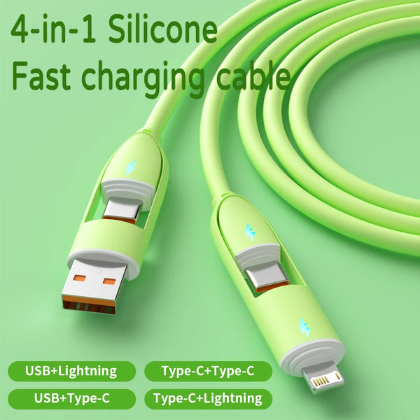 A green 4-in-1 silicone fast charging cable showing various USB and Lightning connectors.
